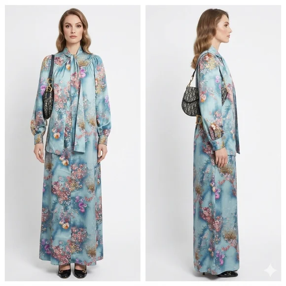 VTG 70s Christian Dior Canada Floral Maxi Robe Lavallière Gown Size S - Picture 6 of 10